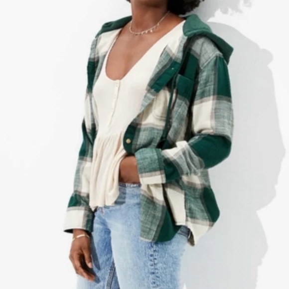 American Eagle Outfitters Tops - AEO Plaid Button Down Shirt with Hood